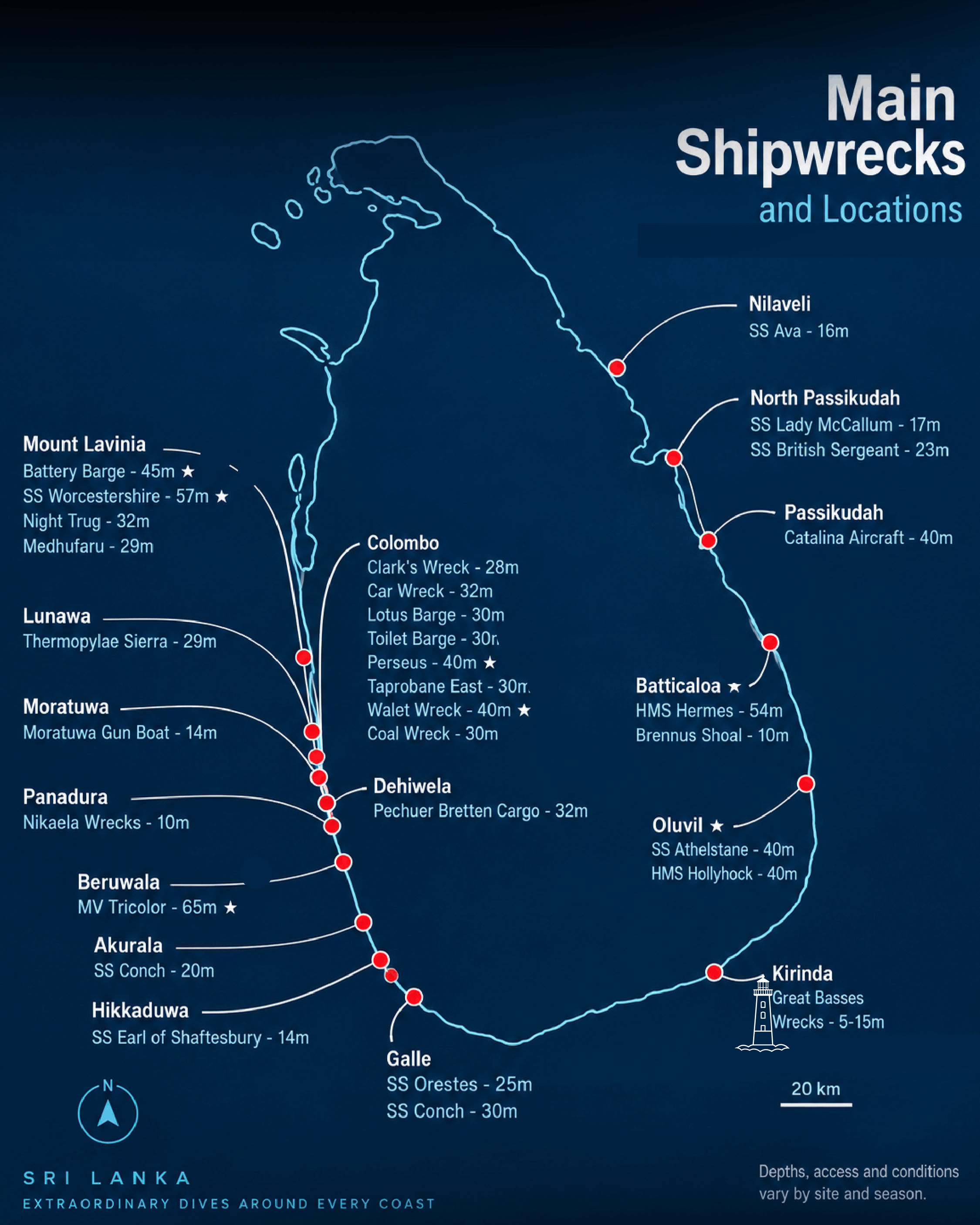 Map of Sri Lanka's main shipwrecks and their locations, from Colombo to Trincomalee